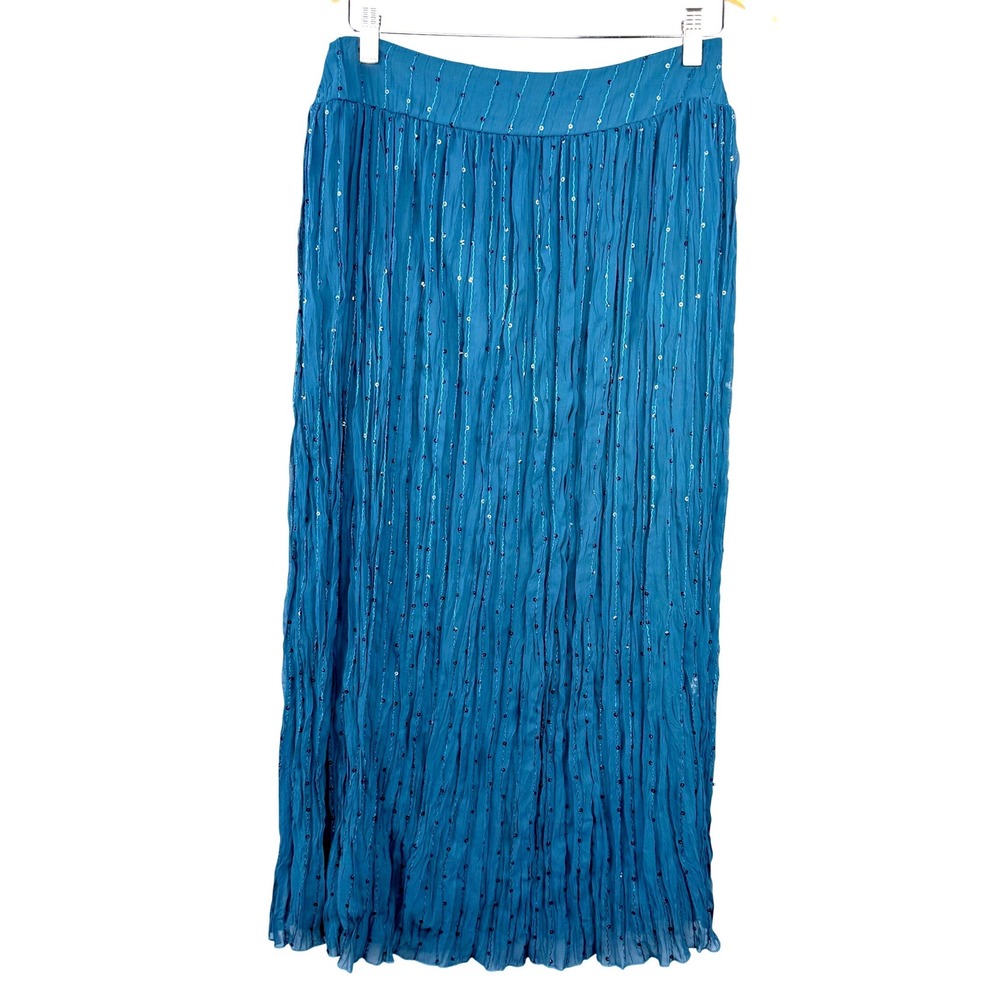 Vintage Y2K Maxi Skirt Womens 10 Blue Sequin Embellished Crinkle Chiffon Lined